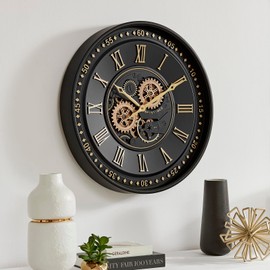 CLXEAST 24 Inch Wall Clock with Moving Gears, Black Gold Roman Numeral Wall Clocks for Modern Farmhouse Living Room Decor,House Warming Gifts New Home
