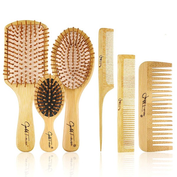 BestFire 6 in 1 Hair Brush Comb for Men Women Handle Bamboo Bristle Hairbrush Set with Tail Comb, Tooth Comb, Double Head Comb, 3 Different Air Cushion Massage Brush for Massaging Scalp