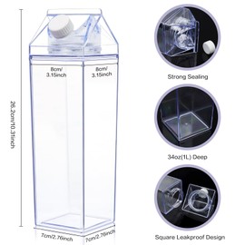 KALYLOC Milk Carton Water Bottle, 34 oz Clear Plastic Milk Box Square Juice Bottle, Portable Reusable Milk Bottles Bulk Water Container for Outdoor Sports Travel Camping Activities (Clean 6pcs)