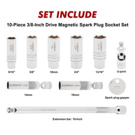 CASOMAN 10PCS 3/8"Drive Magnetic Spark Plug Socket Set, 6PT&12PT, Include Extension Bar, Universal Joint & Spark Plug Gapper, CR-V Steel