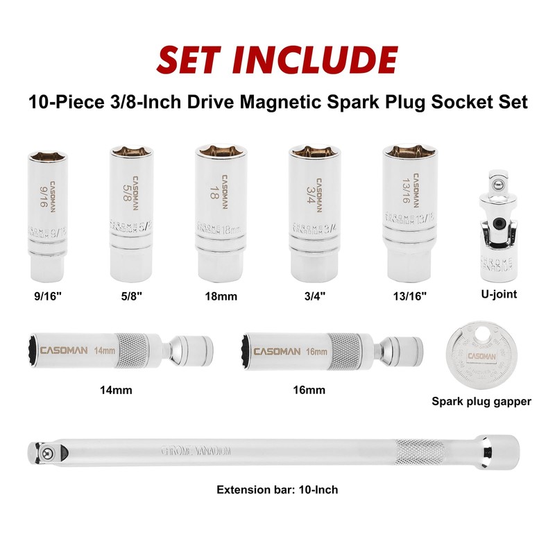 CASOMAN 10PCS 3/8"Drive Magnetic Spark Plug Socket Set, 6PT&12PT, Include