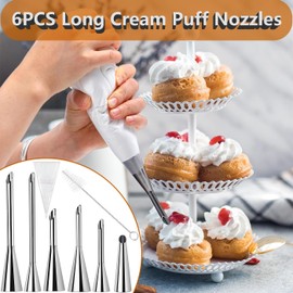 Icing Nozzles Set for Ice Puff - 6 Long Nozzles, Cleaning Brush + 50 Piping Bags (14 Inches) - Stainless Steel, Food Safe for Baking & Decoration (6)