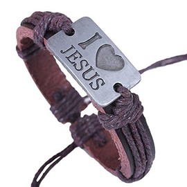 Brown Leather Vintage Slip-knot Bracelet (I Love Jesus)
