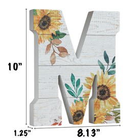 COLLECTIVE HOME - 10" Wood Lettes for Wall Decor, Sunflower Tabletop Alphabet Decoration, DIY Farmhouse Decor, Rustic Freestanding Monogram Block (M)