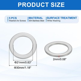 sourcing map 5 Pcs M20 304 Stainless Steel Flat Washers Round Flat Spacers for Screws, Bolts, Plumbing, Automotive, DIY, Electrical Device 21mm ID 30mm OD 2mm Thick