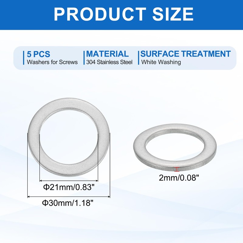 sourcing map 5 Pcs M20 304 Stainless Steel Flat Washers
