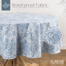Elrene Home Fashions Savannah Boho Paisley Water- and Stain-Resistant Vinyl Tablecloth with Flannel Backing, 60 Inches X 84 Inches, Oval, Blue