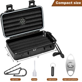 Flauno Travel Cigar Humidor Case - Portable Cigar Box kit with Humidifier Disc, Cigar Cutter, Cigar Punch, Cigar Holder & Dropper, Waterproof, Crushproof, Airtight (Holds up to 10 Cigars)