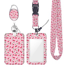 Cute Pink Cherry ID Badge Holder Badge Reel Lanyards for ID Badges Keychain Vertical Protector Retractable Carabiner Clips Heavy Duty Key Lanyard for Women Waiter Chef Economist Office Accessories