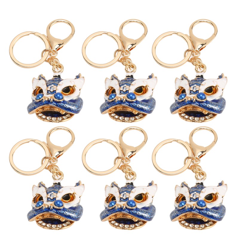 6pcs Lion Dance Keychains Cute Funny Exquisite Metal Rhinestone Chinese