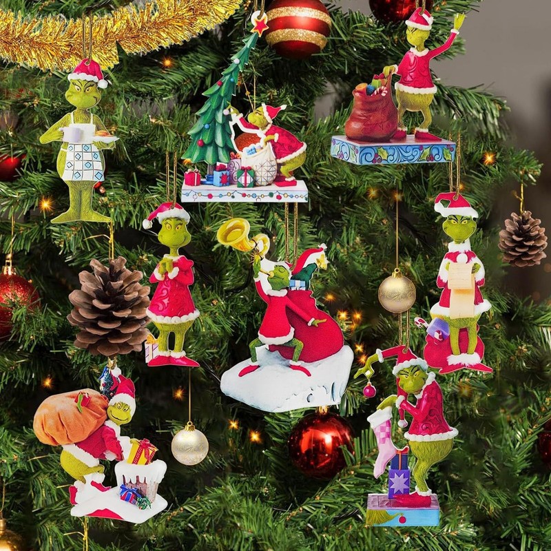 Grinch Christmas Ornament Decorations, 8PCS Stocking Cap Funny Santa Ornament