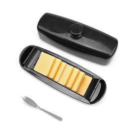 0XBIT Butter Dishes 19 x 6 x 5 cm Butter Barrel Capacity 250 g Butter Cooler with Locking Lid and Fork for Storing Butter and Cheese, Black