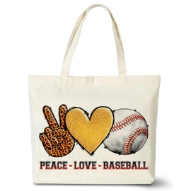 seclate Canvas Tote Bag, Peace Love Baseball Tote Bags for Women, Reusable Cloth Cotton Bags for Travel Shopping Beach, Baseball Lover Gifts - A11