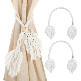 HJZHII 2 Stück Boho Vorhang Raffhalter, Bauernhaus Handgestrickte Baumwollvorhang Halterungen mit Holzperlen, Handgewebtes Baumwollseil für die Innen und Außengardinendekoration