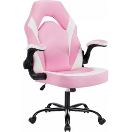 HOMEFLA Computer Gaming Desk Chair Ergonomic Lumbar Support with Flip-up Armrest - White-pink