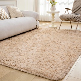 OMERAI Living Room Rug, Non-Slip, Beige, Bedroom Rug, High Pile Shaggy Rugs, Area (Beige, 90 x 150 cm)