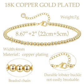 Toplstud Gold Anklet for Women,18k Gold Plating Beaded Chain Anklets for Women Adjustable gold anklet Waterproof Beach Foot Jewelry Gift