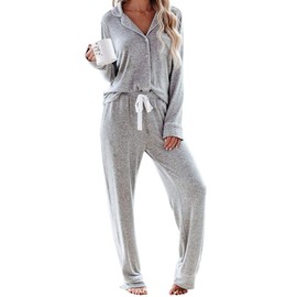 Aamikast Women's Two-piece Classic knit Pajama Sets Long Sleeve Button Down Sleepwear (L, Light Gray)
