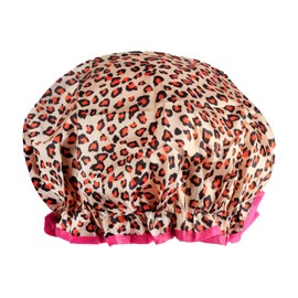 Luckious Reusable Shower Cap Double Layer Waterproof Adult Double Layer Waterproof Shower Cap Kitchen Makeup Head Cover for Hair Washing and Bathing（Leopard print with red trim）