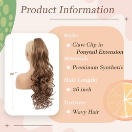 Ponytail Extension, 26 Inch Long Pony tails Hair Extensions for Women Wavy Curly Claw Clip Ponytail Fluffy Natural Fake Pony tail Hair Pieces for Women (Light Brown With Golden Highlights, 26 Inch)