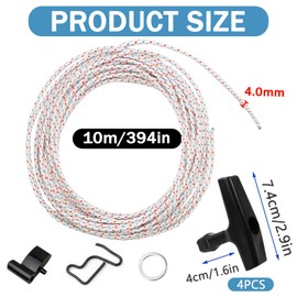 10 m Starter Rope Lawnmower, Replacement Starter Rope, Starter Rope 4 mm, Motor Parts Rope with 4 Start Handles, Recoil Starter Rope Compatible with Starter Pull Claws, Pull Cord for Chainsaw Trimmer