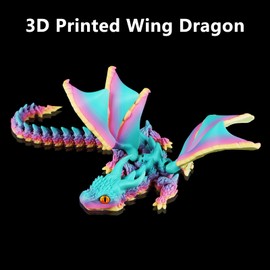 SUMLAND 3D Printed Dragon with Wings,3D Printed Animals Toys, Flexible Articulated Winged Crystal Dragon Model,Matte-Rainbow
