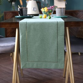 Exquisite Linen Fabric Exquisite Laser Cut Pattern Table Runner Beige Orange Green Coffee Color Grey Optional (Green, 35 x 180 cm)