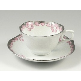 有田焼 Text Mountain Kilns, Platinum Pink Sakura Wheels Flower Shallow Type Coffee Cup & Saucer 19018 