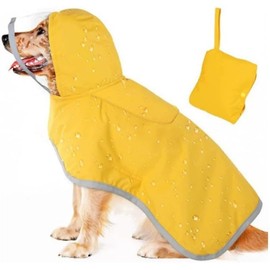 Dog Raincoat with Hood, Waterproof Nylon Shell, Reflective Strips, Yellow, Adjustable with Lead Hole (L)