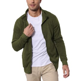 Hoefirm Men's Cardigan Full Zip Up Jumpers Jacket Sweatshirt Polo Long Sleeve Top Stand Collar Casual Lightweight with Pockets ArmyGreen XXL
