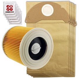 SPARES2GO Hoover Filter Bags Set for KARCHER IPX4 MV2 WD2 Wet & Dry Vacuum (Pack of 5 Dust Bags, 1 Filter, 5 Freshener)