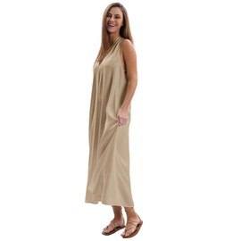 Amazhiyu Women's Linen Halter Sleeveless Casual Summer Maxi Dresses with Pockets Khaki, Small