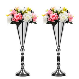Juego de 2 jarrones de metal para boda, trompeta, centro de mesa, florero para boda, decoración de eventos, decoración de estar, decoración de fiesta (plata, 2 x L)