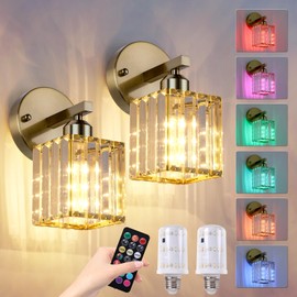 ZAUKNYA Battery Operated Sconces Set of 2, Rechargeable Wireless Sconces with Remote Dimmable 12 Colors Crystal Battery Wall Sconce Set of Two, for Bedroom Living Room Hallway （Gold ）