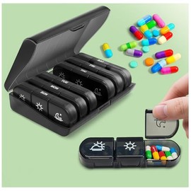 Organizador de Pastillero Semanal, Pastillero para 7 Día de Píldoras Portátil, tres veces al día, protección de privacidad negra Estuche de pastillas AM PM para medicamentos, vitaminas, aceites de pescado, suplementos