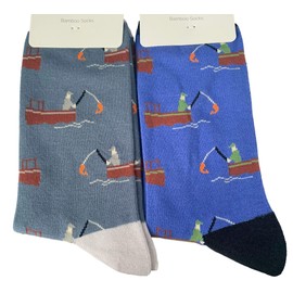 Purple Possum® Mens Socks Gone Fishing Boat Cotton Bamboo Novelty Fun Socks Size 7-11 (Cotton Blend, Blue & Grey 2 Pair Pack)