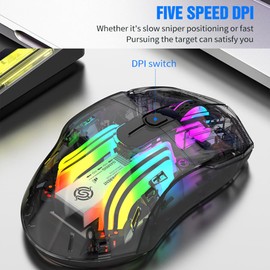 Docooler Wireless Gaming Mice with Transparent Crystal Shell, Tri-Modes(USB Wired+2.4G Wireless+Bluetooth), 3600DPI Adjustable E-sports Mice, RGB Slient Mouse with Ergonomics Design - White/Black