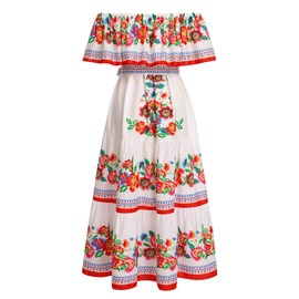 OBEEII Mexican Dress for Women Off Shoulder Floral Print Maxi Dress Summer Sleeveless Casual Party Beach Vacation Dresses White XL
