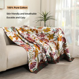 VANJOROY Boho Large Throw Blanket,100% Pure Organic Cotton Soft Sofa Bed Throw-Floral Farmhouse Decor Blanket,Reversible Bohemian Throw for Bed,Sofa,Quilt and Gift,91" x 98"-BeigeWhite and Green