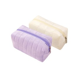 KEMUZ 2Pcs Plüsch Make-up Tasche, Tragbare Makeup Tasche Reise-Kulturbeutel, Reißverschluss Kosmetiktasche, Kosmetiktasche Groß Kapazität für Frauen Mädchen Geschenk(Lila + Beige)