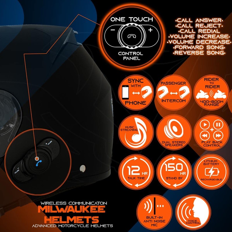 Milwaukee Helmets H7000 Glossy Black MayDay Modular Full Face Wireless