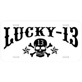 Skull and bones Lucky-13 White Novelty Car License Plate