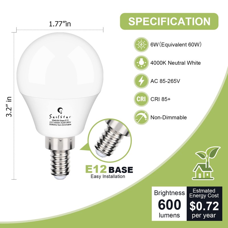 Sailstar Ceiling Fan Light Bulbs, E12 LED Bulb 60W Equivalent,