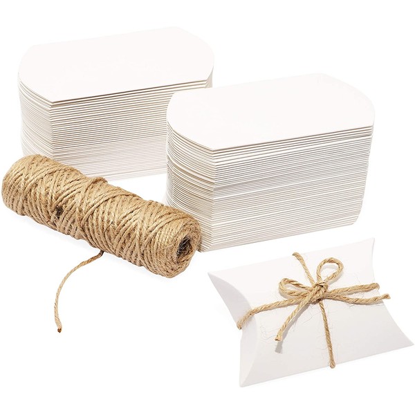 Mini Paper Pillow Gift Box Set with Jute Twine (3.5 x 2.5 x 0.95 Inches, 100 Pack)