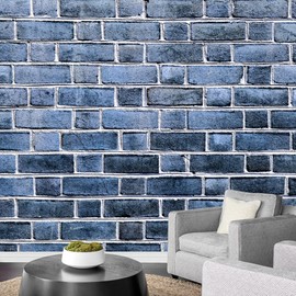 SIGNFORD Removable Wall Sticker/Wall Mural Dark Blue Cityscape Brick Wall Tile Pattern Abstract Shapes Digital Art Minimalism Bohemian Relax/Calm for Living Room, Bedroom, Office - 66x96 inches