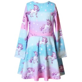 Long Sleeve Unicorn Dresses for Girls Kids Matching 18 inch American Doll,Size 10 11