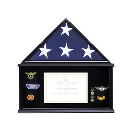 ARRAWIS Flag Display Case with Certificates Document Holder, Fits 5x9.5 Veterans Burial Memorial Flag, Solid Wood Frame with Felt Lining for Badges and Medals, Wall Mounted Shadow Box (Black)