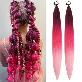 Pink Ombre Braiding Hair Extension for Braids Synthetic Braid Ponytail Extensions with Elastic Tie Fashion Festival Rave Hair Accessories(Pack of 2)
