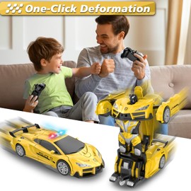 Febyhim Remote Control Car for Boys 4-7, 2.4GHz RC Car 1:18 Scale, One-Button Transforming Toy with 360° Spins, LED Lights（Yellow）