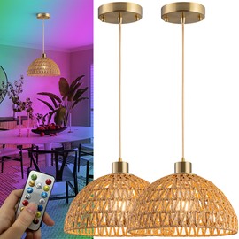 Nekhung Battery Operated Pendant Light with Remote-Battery Chandelier Handwoven Rattan, Battery Hanging Light 50+Hours Long Life USB Rechargeable Light Bulb,Perfect for Kitchen Island Light